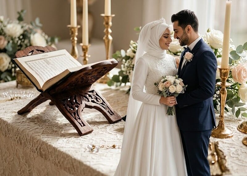 Nikah masası önünde gelin ve damat (temsili)