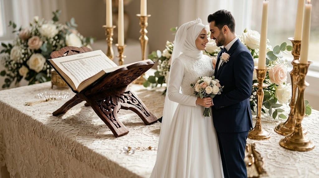 Nikah masası önünde gelin ve damat (temsili)